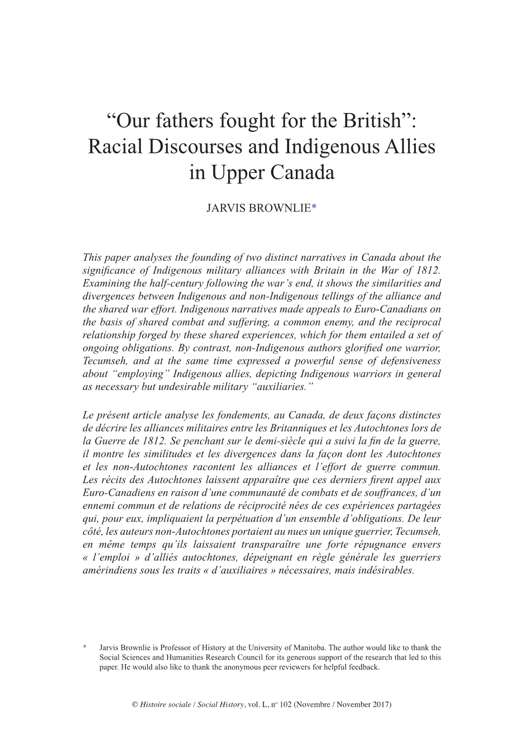 Racial Discourses and Indigenous Allies in Upper Canada