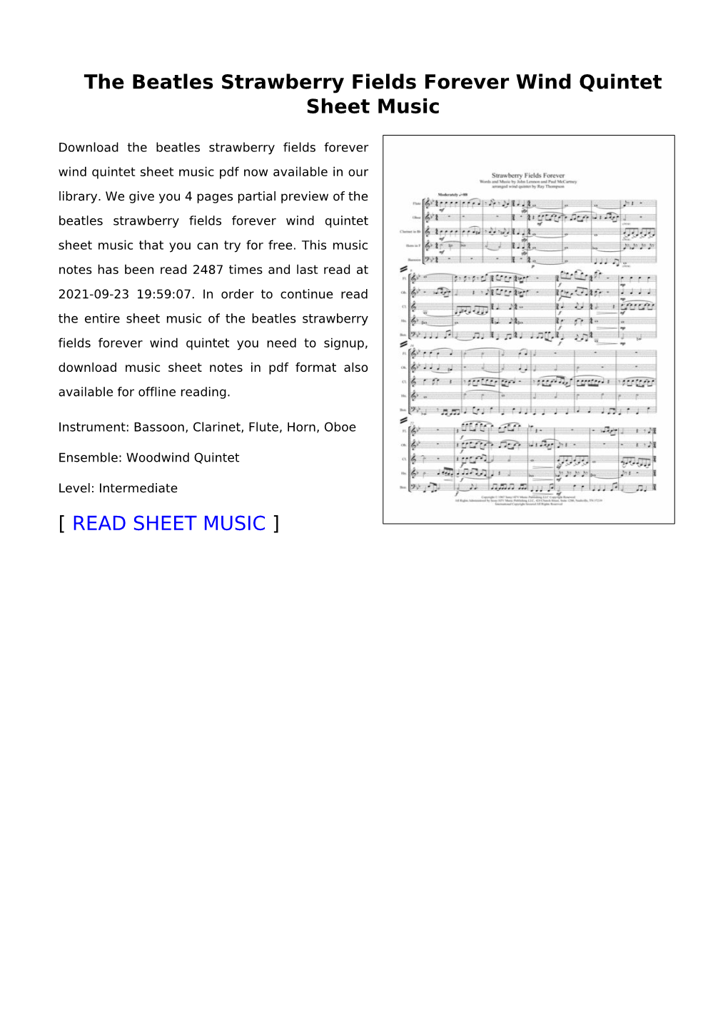 The Beatles Strawberry Fields Forever Wind Quintet Sheet Music