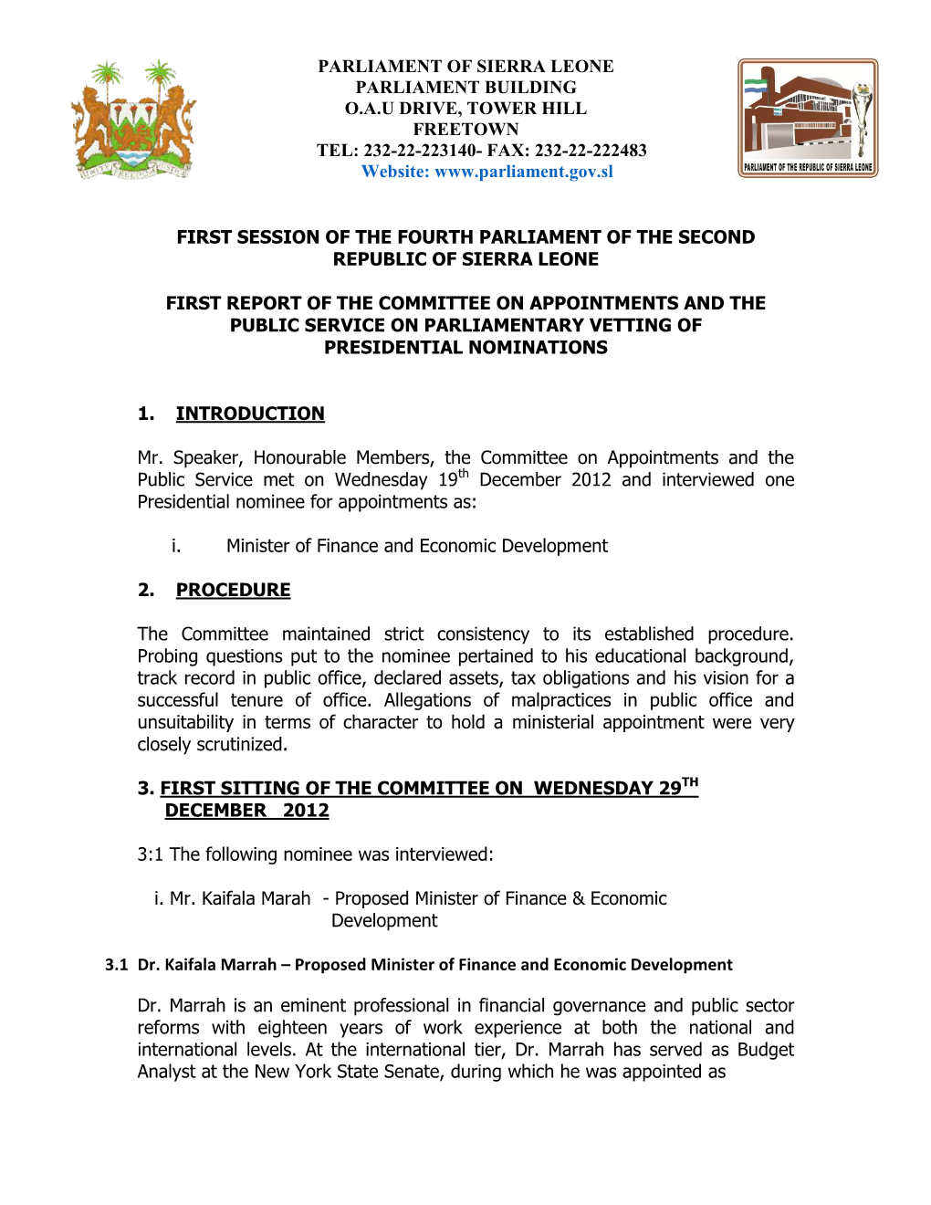 First Report of the Committee on Appointments on 19 Dec 2012