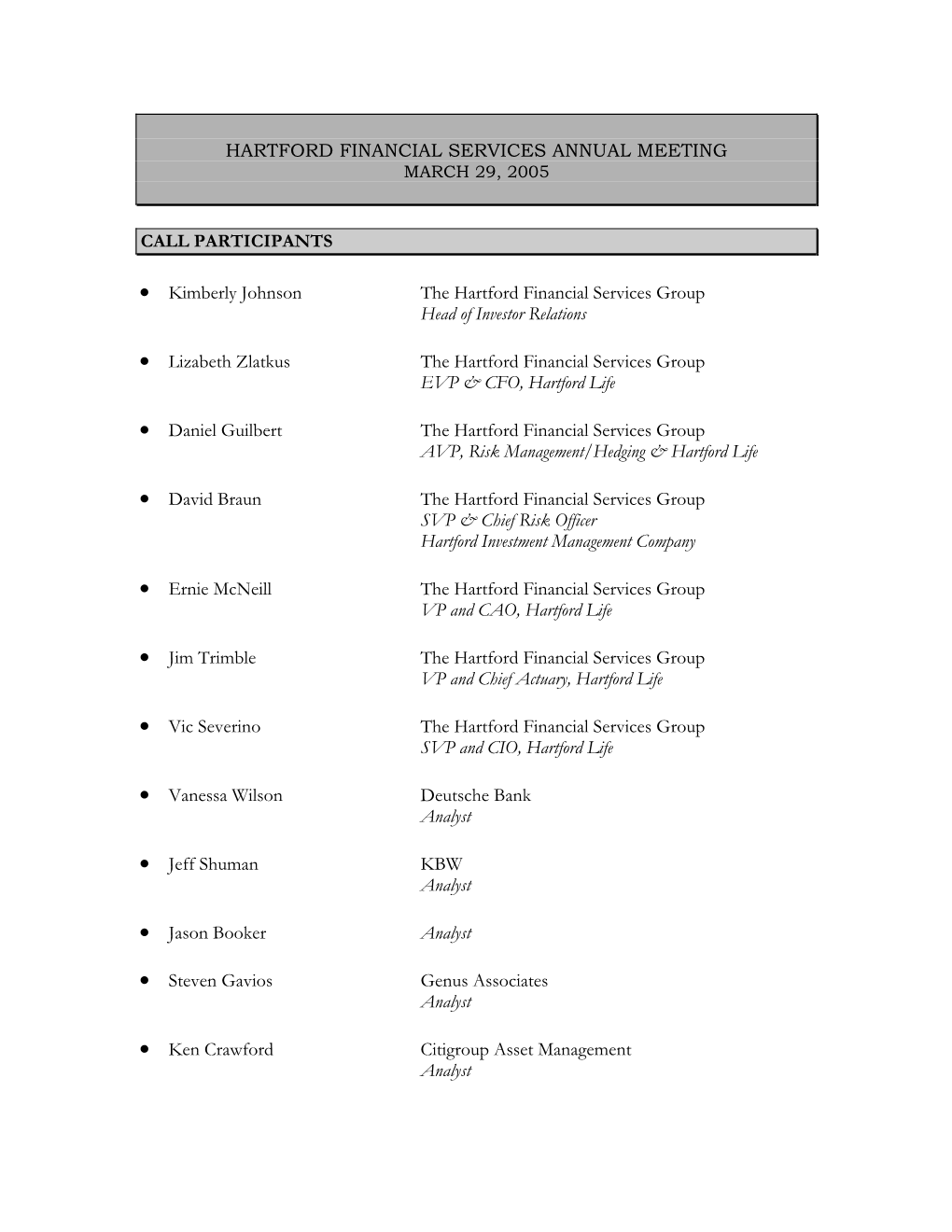 Hartford Financial Services Annual Meeting Call