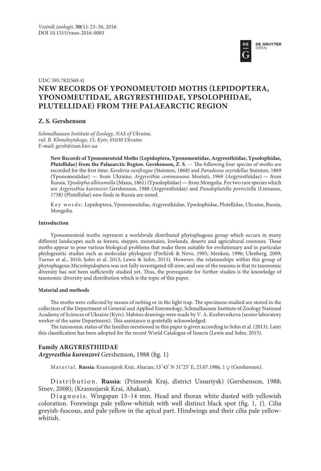 New Records of Yponomeutoid Moths (Lepidoptera, Yponomeutidae, Argyresthiidae, Ypsolophidae, Plutellidae) from the Palaearctic Region