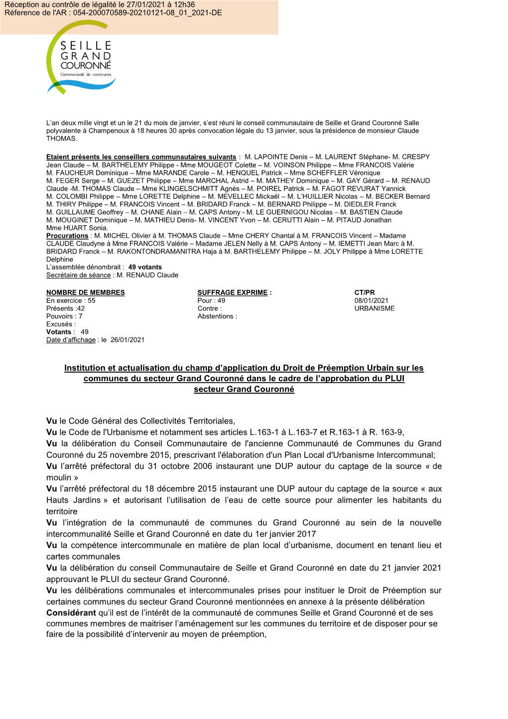 Institution Et Actualisation Du Champ D'application Du Droit De Préemption Urbain Sur Les Communes Du Secteur Grand Couronné