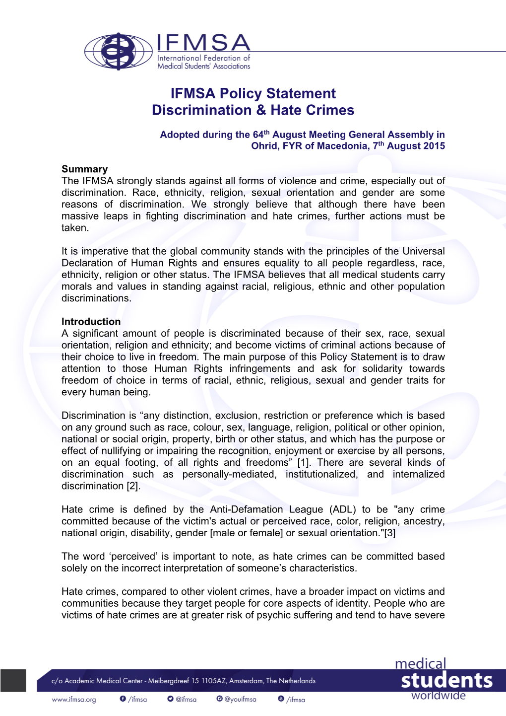 IFMSA Policy Statement Discrimination & Hate Crimes