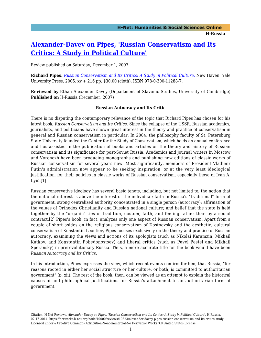 Alexander-Davey on Pipes, 'Russian Conservatism and Its Critics: a Study in Political Culture'