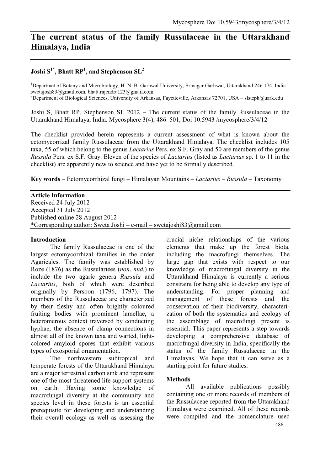 The Current Status of the Family Russulaceae in the Uttarakhand Himalaya, India