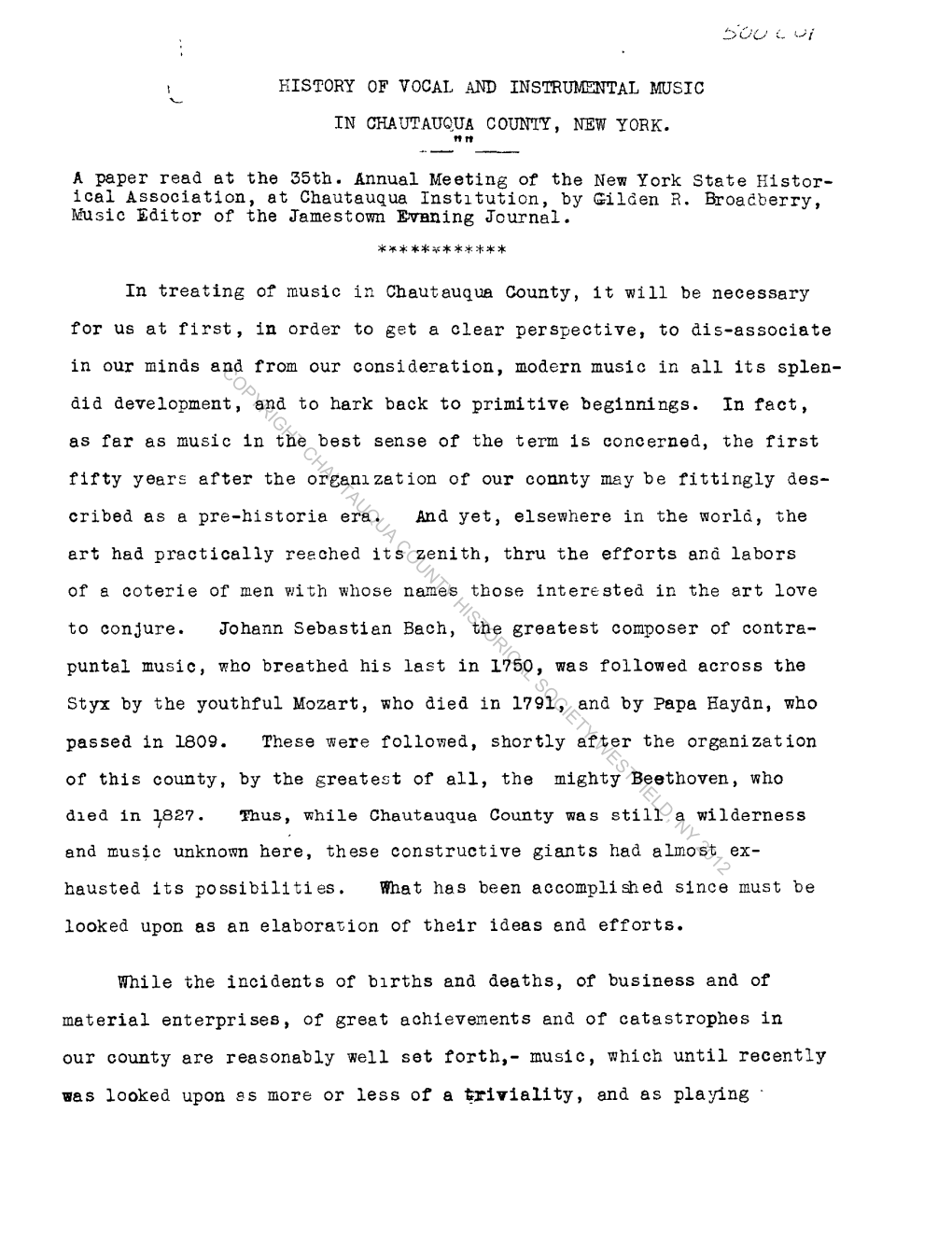 History of Vocal and Instrumental Music '-- in Chautauqua County, New York