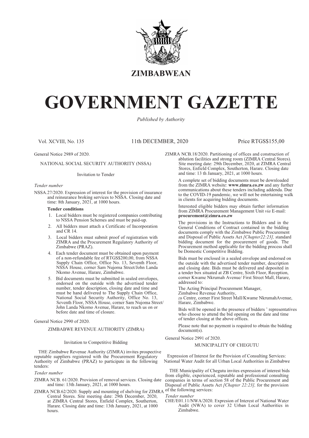 ZIMBABWEAN GOVERNMENT GAZETTE Published by Authority