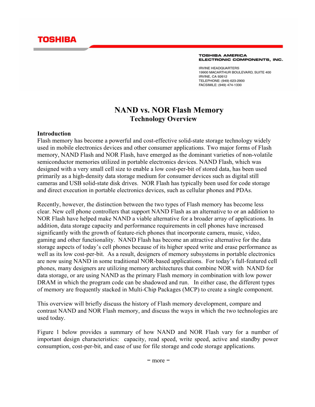 NAND Vs. NOR Flash Memory Technology Overview