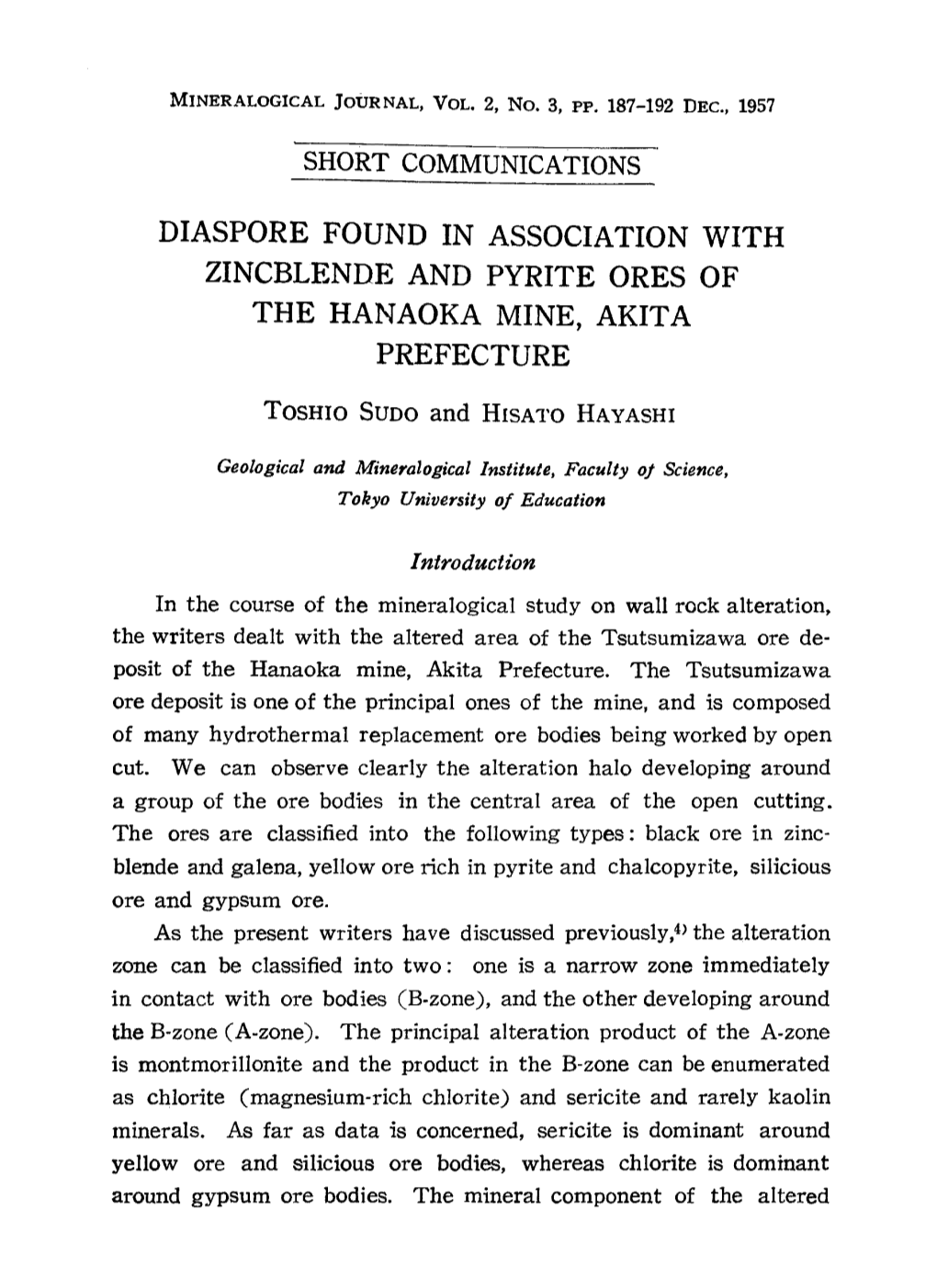 Diaspore Found in Association with Zincblende and Pyrite Ores of the Hanaoka Mine, Akita Prefecture