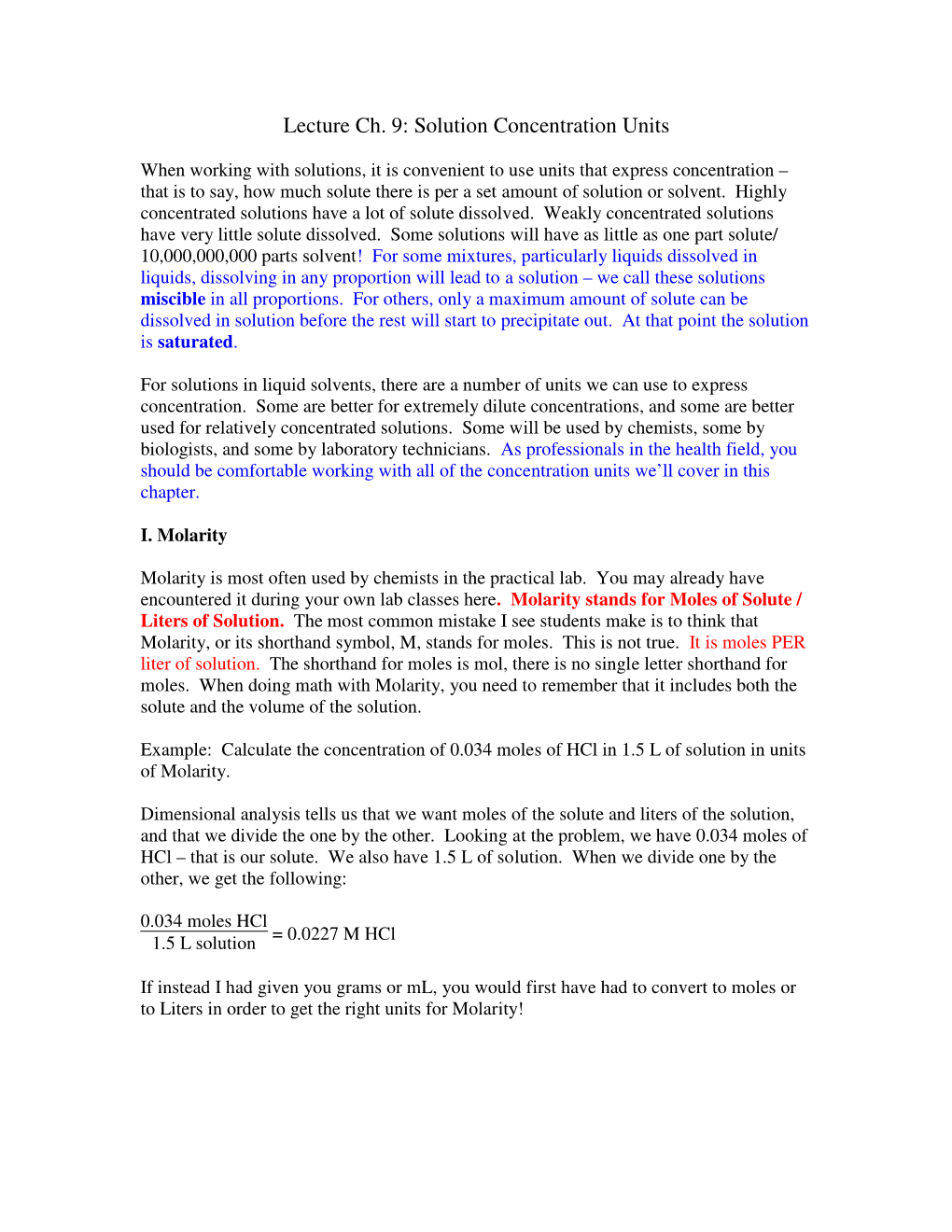 Lecture Ch. 9: Solution Concentration Units