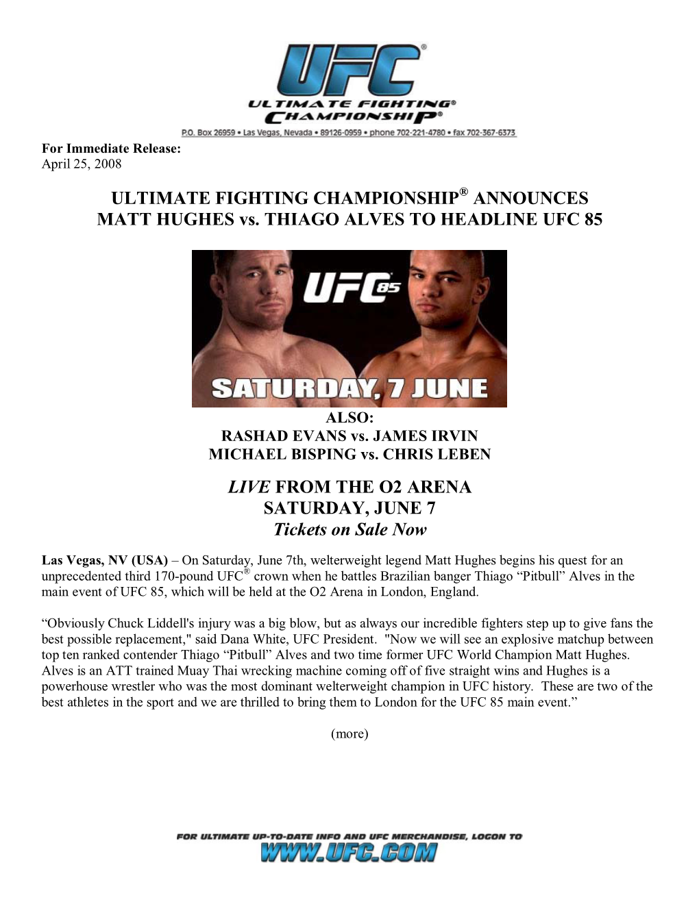 ULTIMATE FIGHTING CHAMPIONSHIP® ANNOUNCES MATT HUGHES Vs