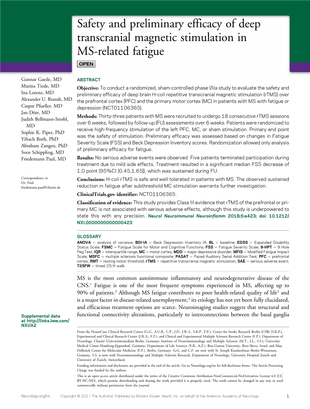 Safety and Preliminary Efficacy of Deep Transcranial Magnetic Stimulation in MS-Related Fatigue