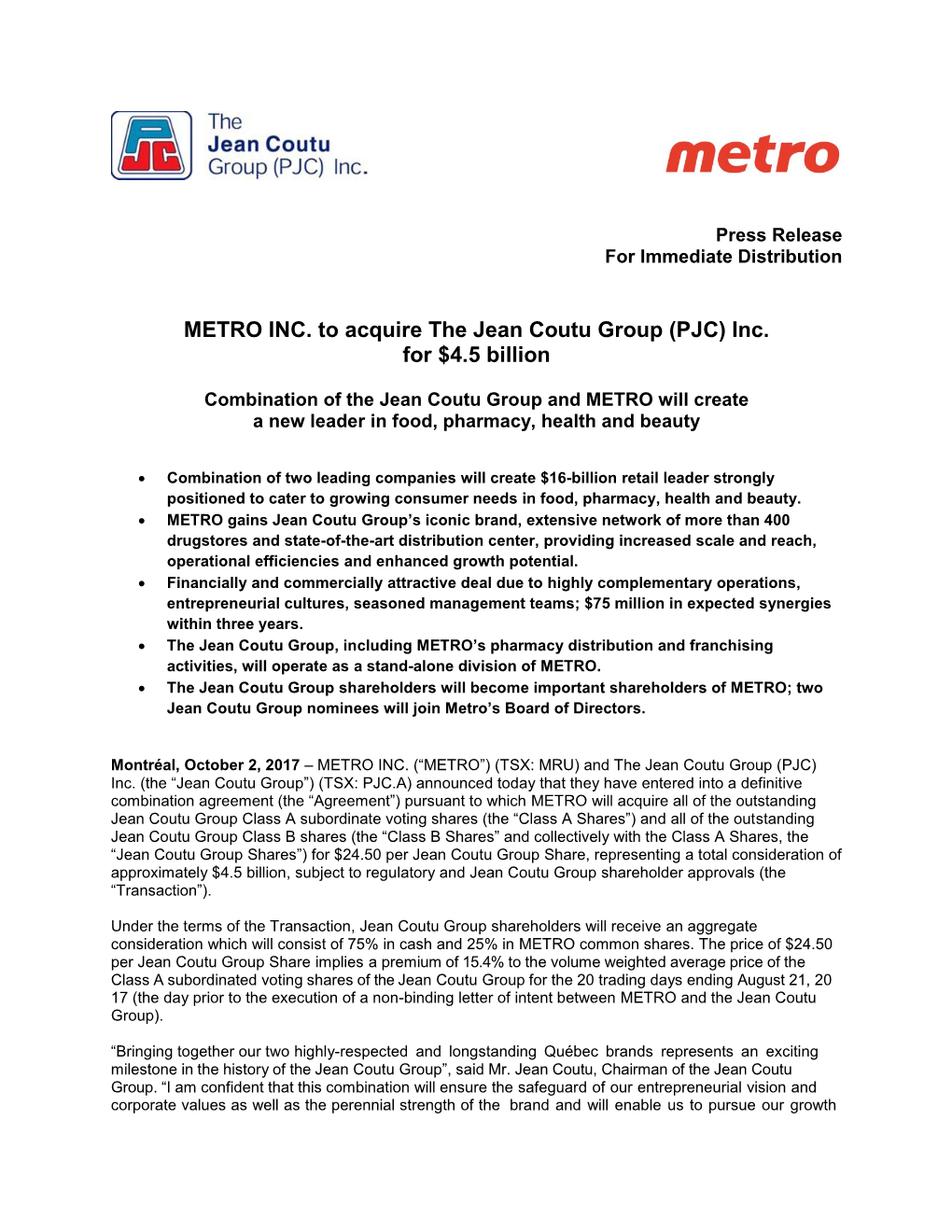 METRO INC. to Acquire the Jean Coutu Group (PJC) Inc. for $4.5 Billion