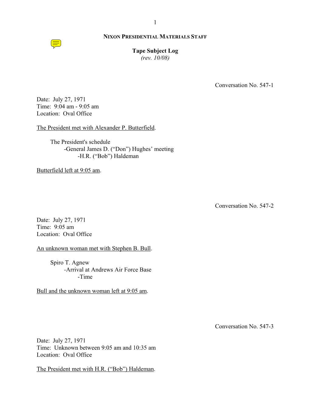 Oval #547: July 27, 1971 [Complete Tape Subject Log]