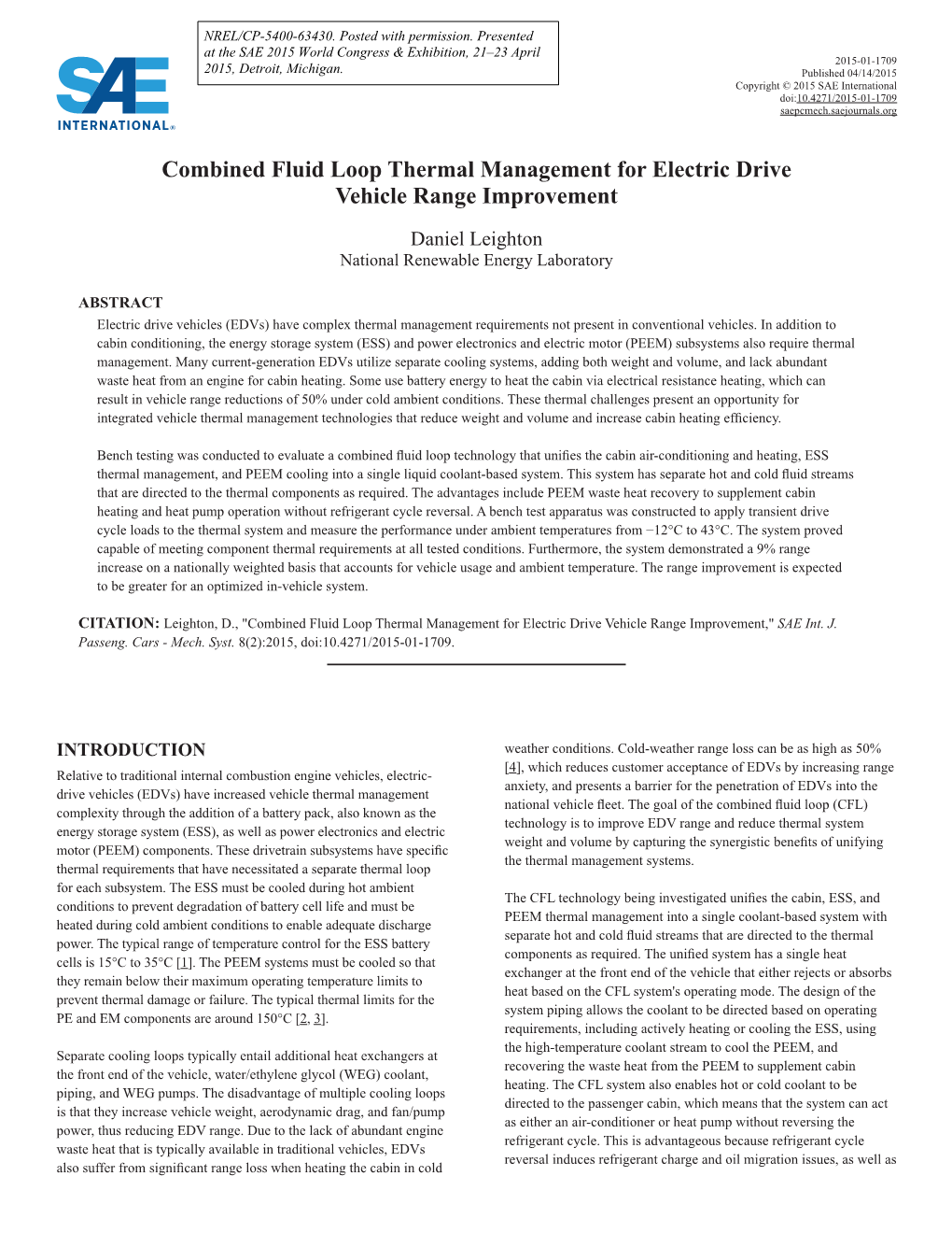 Combined Fluid Loop Thermal Management for Electric Drive Vehicle Range Improvement