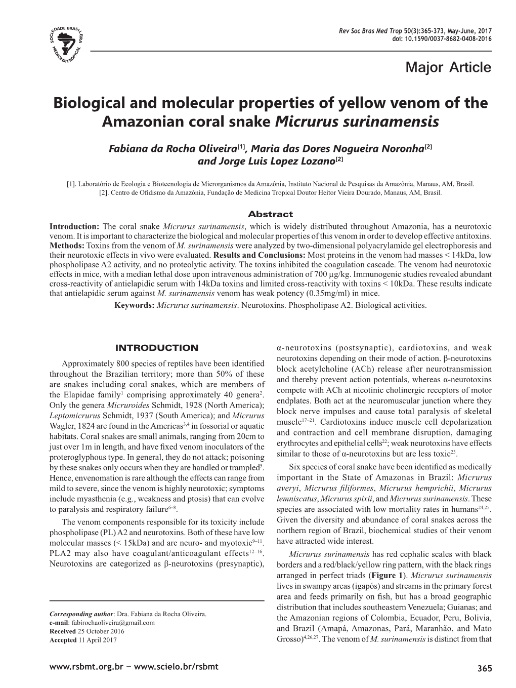 Biological and Molecular Properties of Yellow Venom of the Amazonian Coral Snake Micrurus Surinamensis