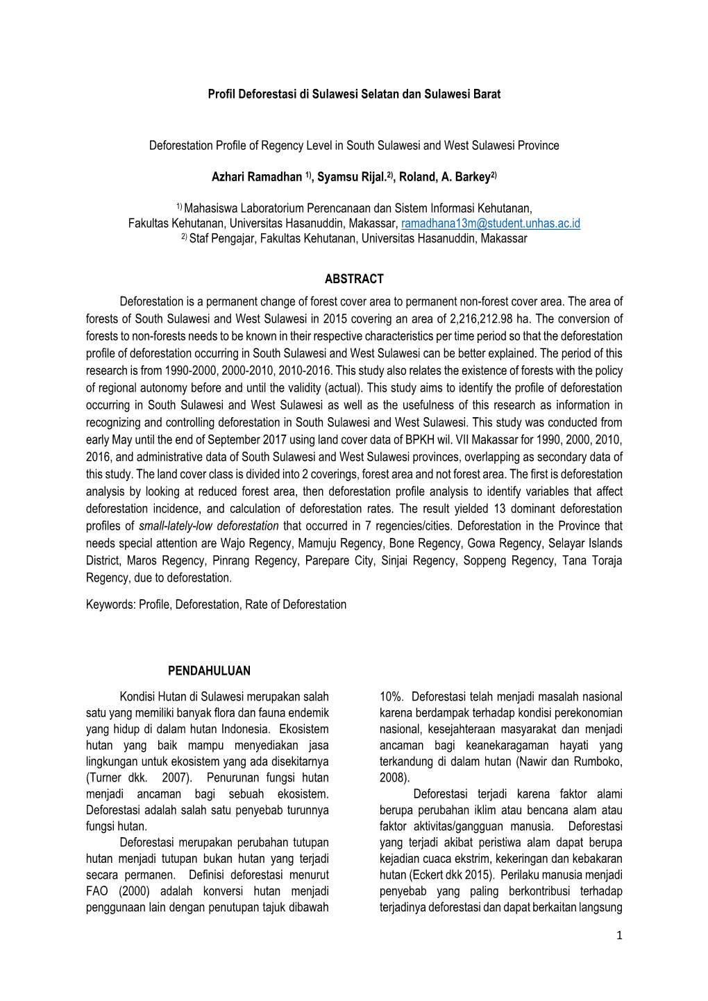 1 Profil Deforestasi Di Sulawesi Selatan Dan Sulawesi Barat
