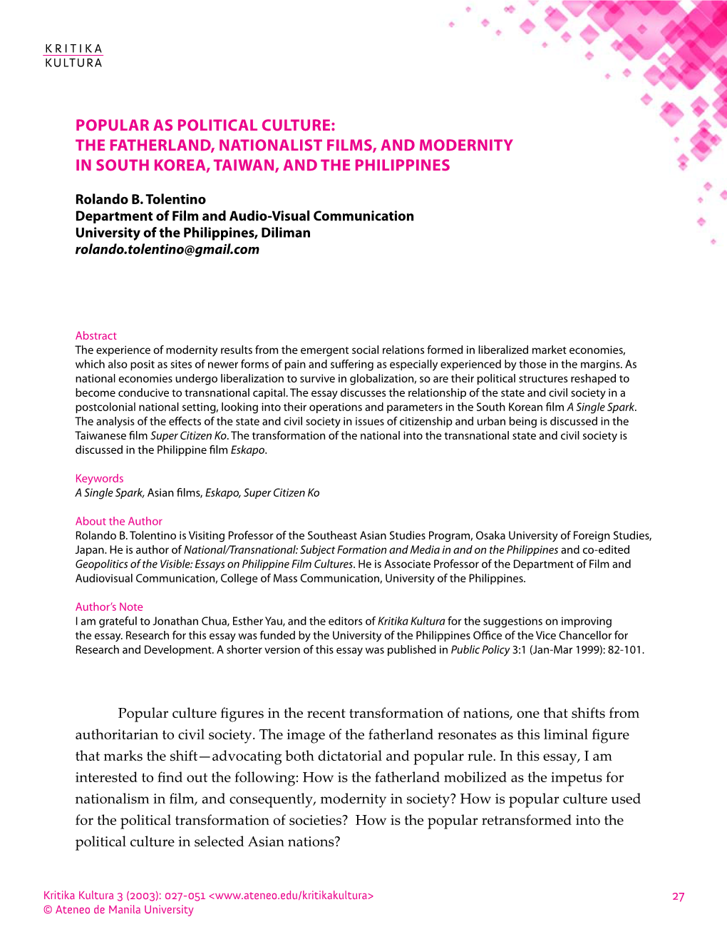 Popular As Political Culture: the Fatherland, Nationalist Films, and Modernity in South Korea, Taiwan, and the Philippines