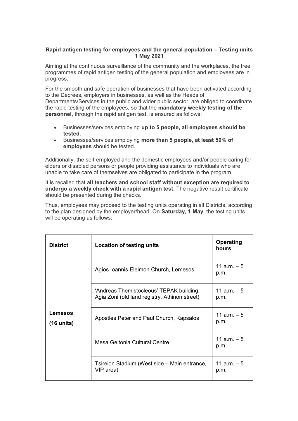 Rapid Antigen Testing for Employees and the General Population