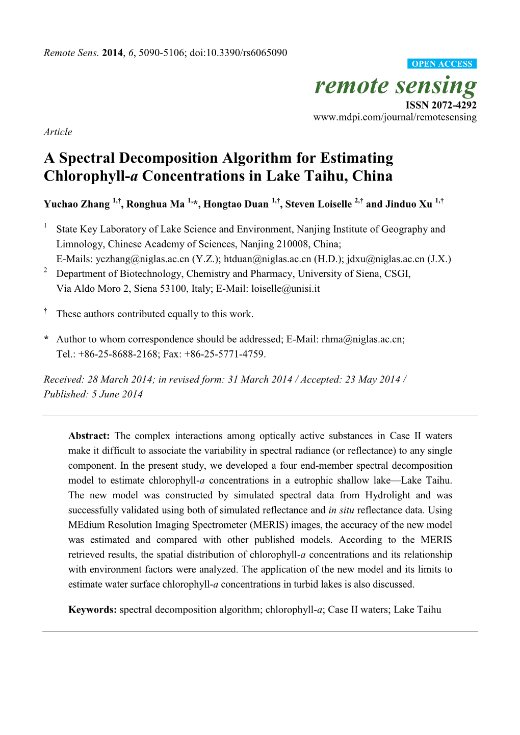 A Spectral Decomposition Algorithm for Estimating Chlorophyll-A Concentrations in Lake Taihu, China