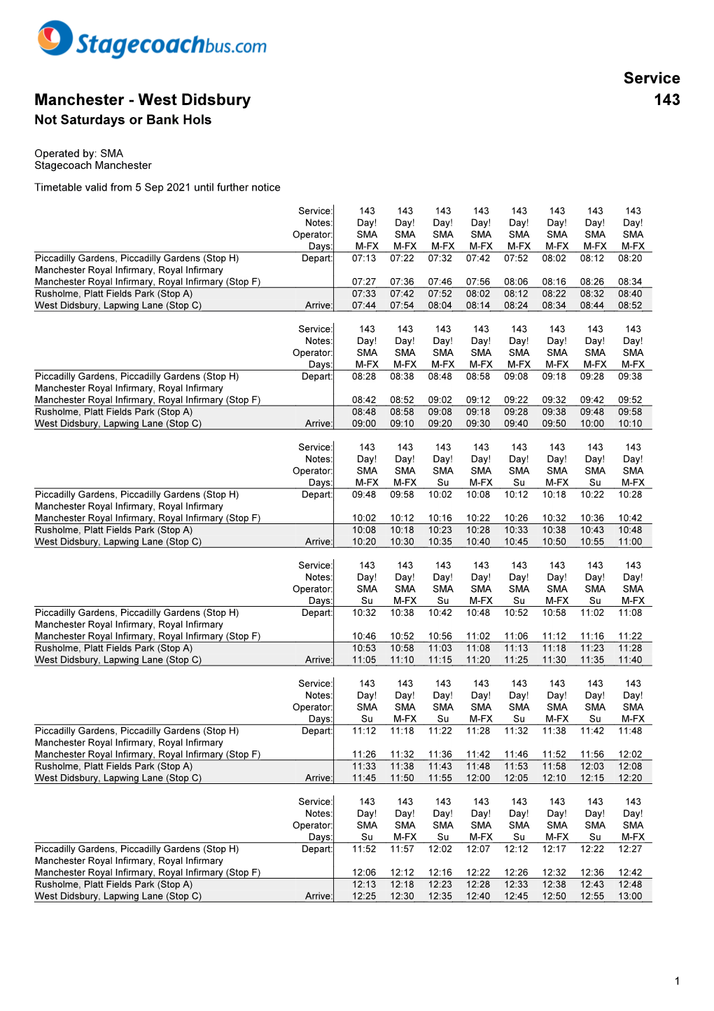 Service Manchester - West Didsbury 143 Not Saturdays Or Bank Hols