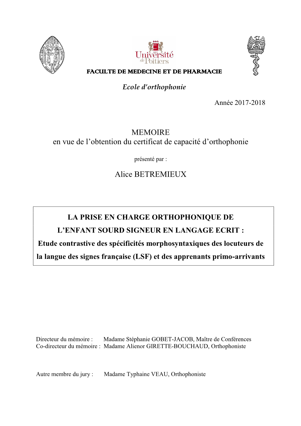 MEMOIRE En Vue De L'obtention Du Certificat De Capacité D'orthophonie