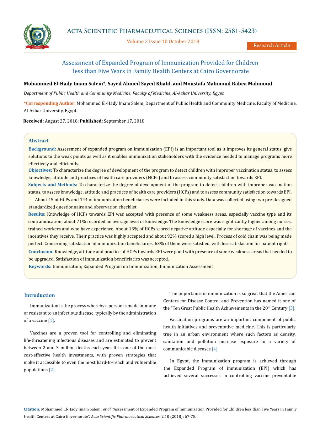 Assessment of Expanded Program of Immunization Provided for Children Less Than Five Years in Family Health Centers at Cairo Governorate