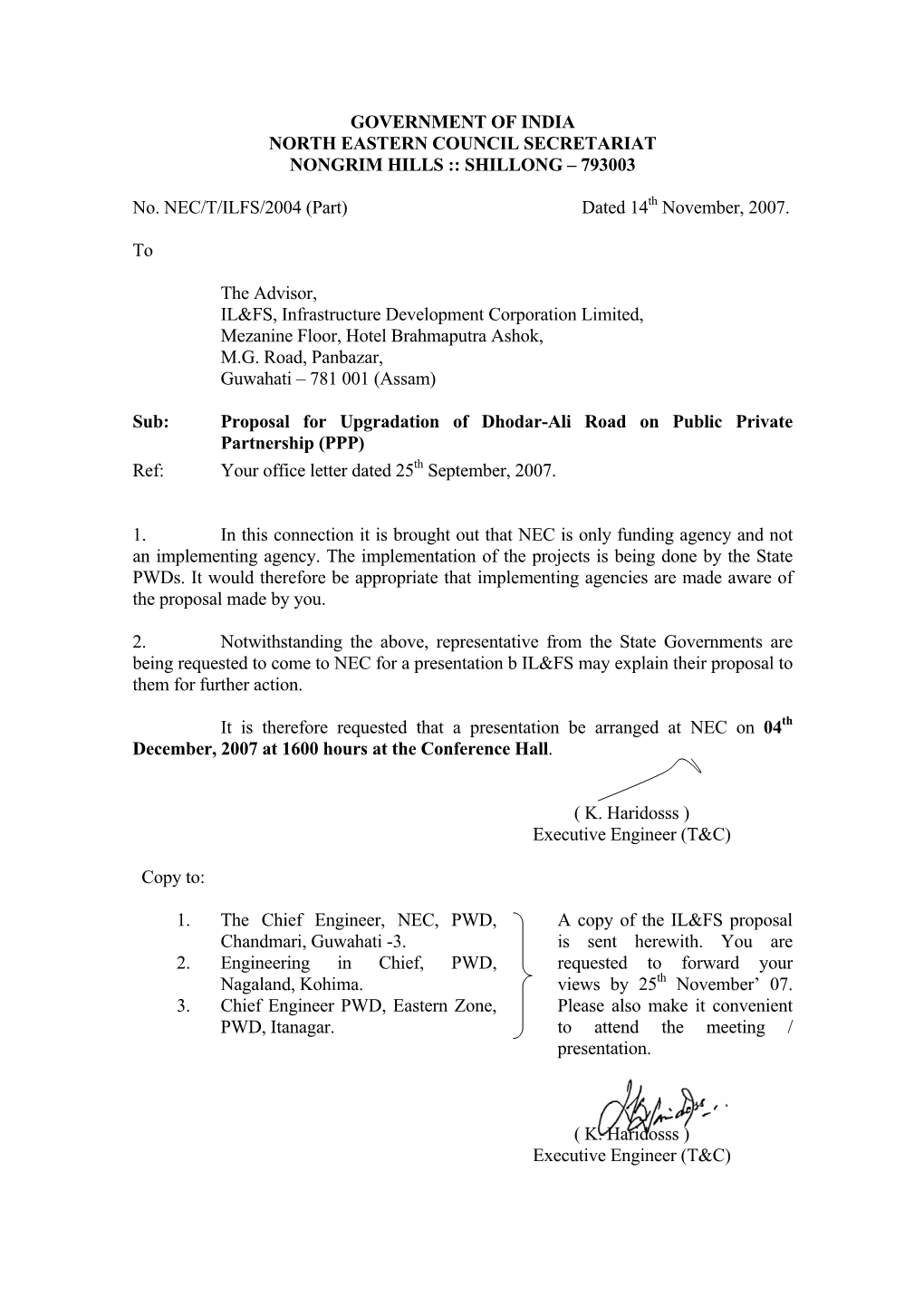 Proposal for Upgradation of Dhodar-Ali Road on Public Private Partnership (PPP) Ref: Your Office Letter Dated 25Th September, 2007