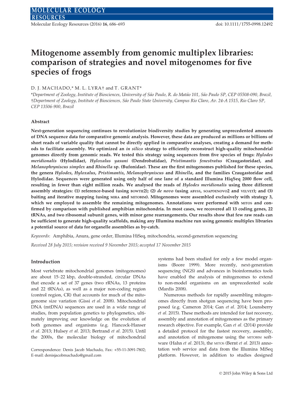 Mitogenome Assembly from Genomic Multiplex Libraries: Comparison of Strategies and Novel Mitogenomes for ﬁve Species of Frogs