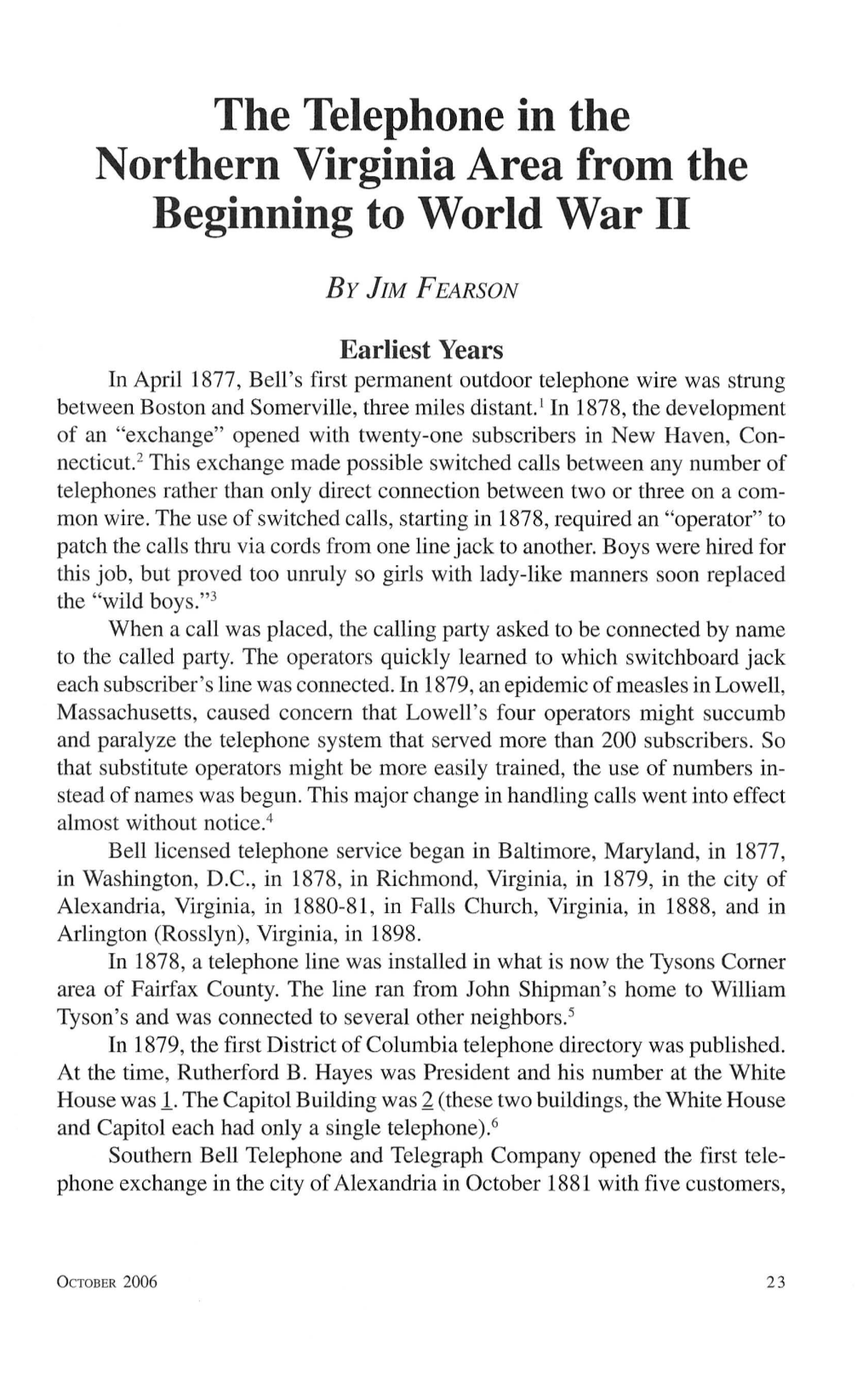 The Telephone in the Northern Virginia Area from the Beginning to World War II