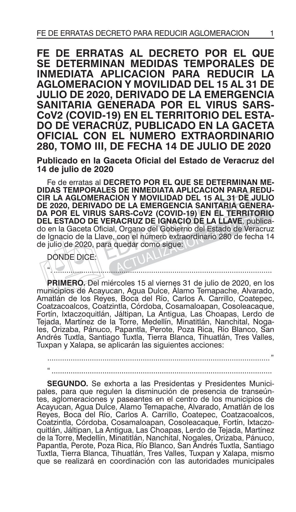 Fe De Erratas Al Decreto Por El Que Se Determinan Medidas Temporales De