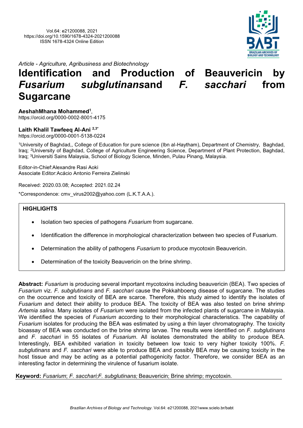 Identification and Production of Beauvericin by Fusarium Subglutinansand F