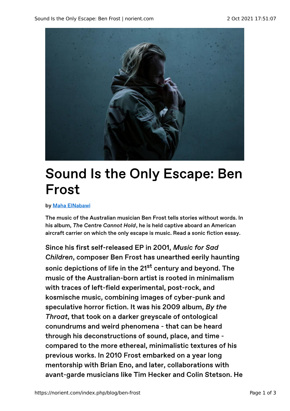 Sound Is the Only Escape: Ben Frost | Norient.Com 2 Oct 2021 17:51:07