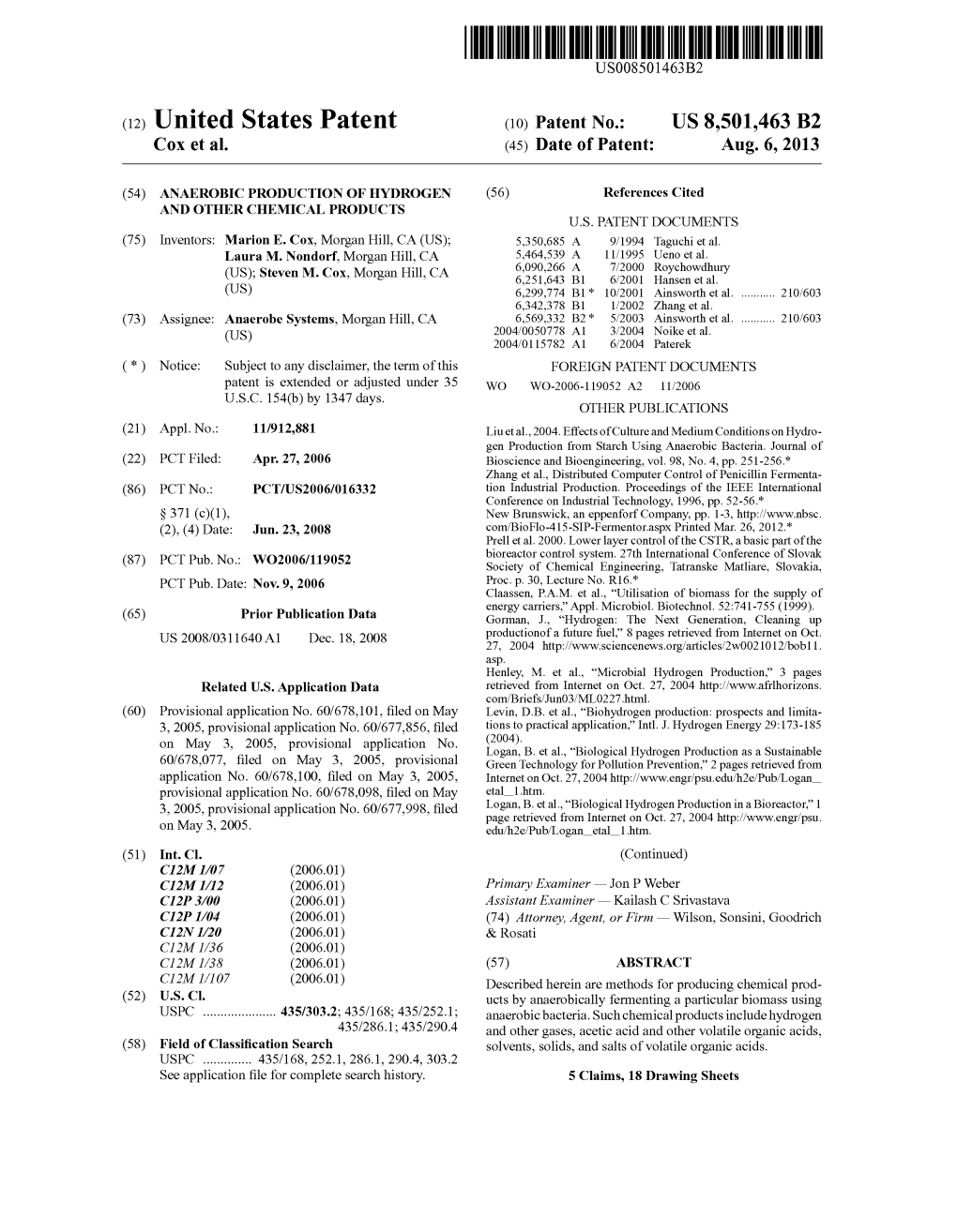 (12) United States Patent (10) Patent No.: US 8,501,463 B2 Cox Et Al