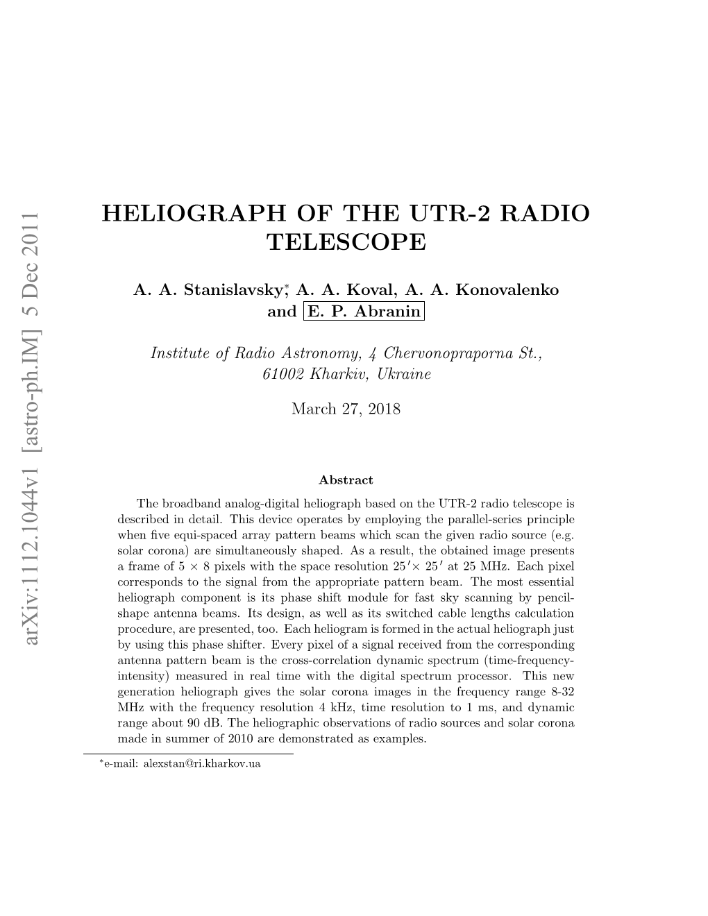 Heliograph of the UTR-2 Radio Telescope