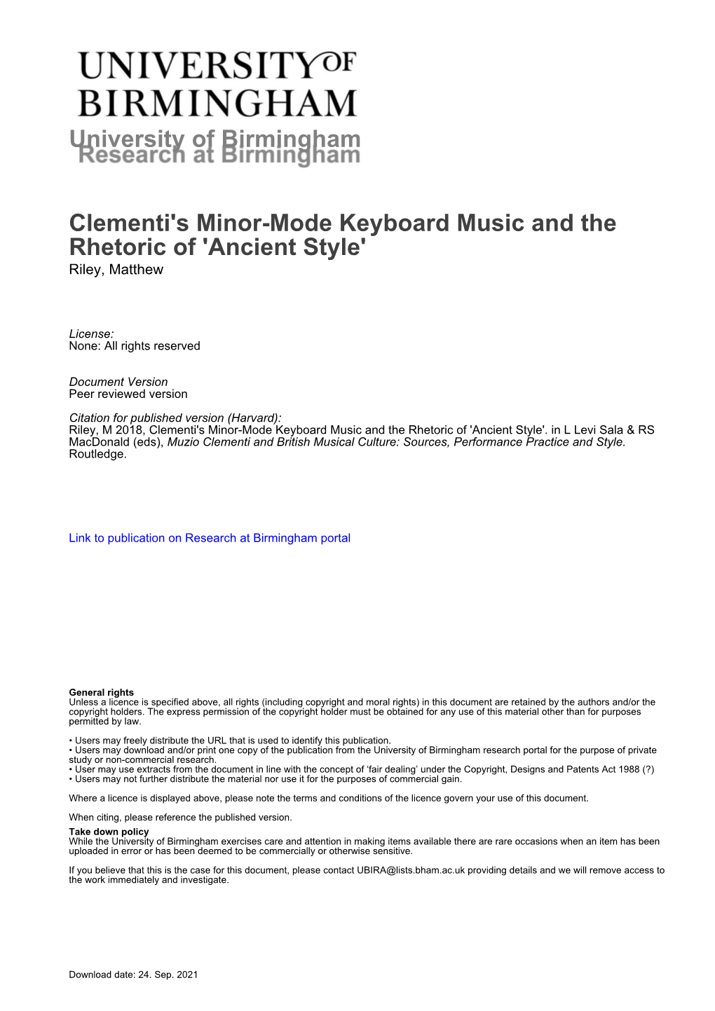 University of Birmingham Clementi's Minor-Mode Keyboard