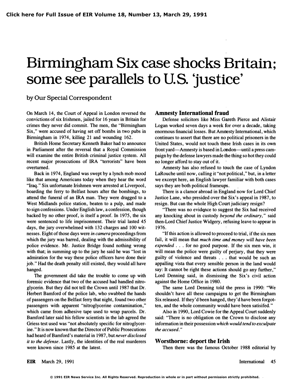 Birmingham Six Case Shocks Britain; Some See Parallels to U.S. 'Justice'