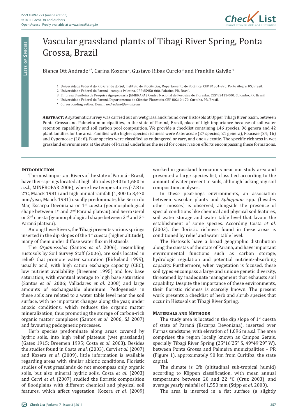 Chec List Vascular Grassland Plants of Tibagi River Spring, Ponta Grossa
