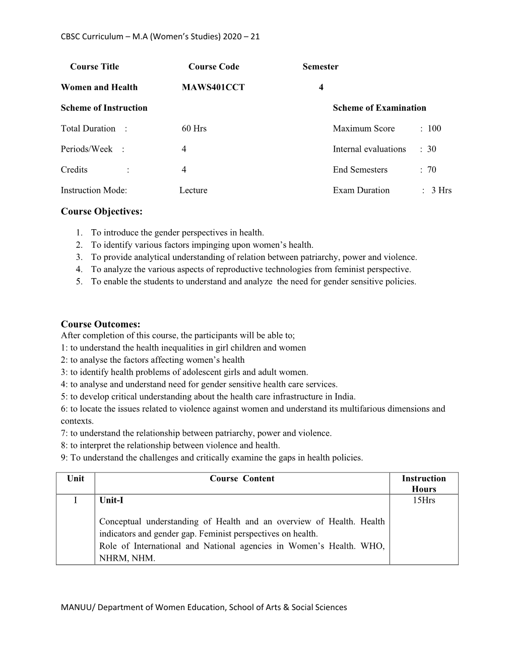 CBSC Curriculum – MA (Women's Studies) 2020 – 21