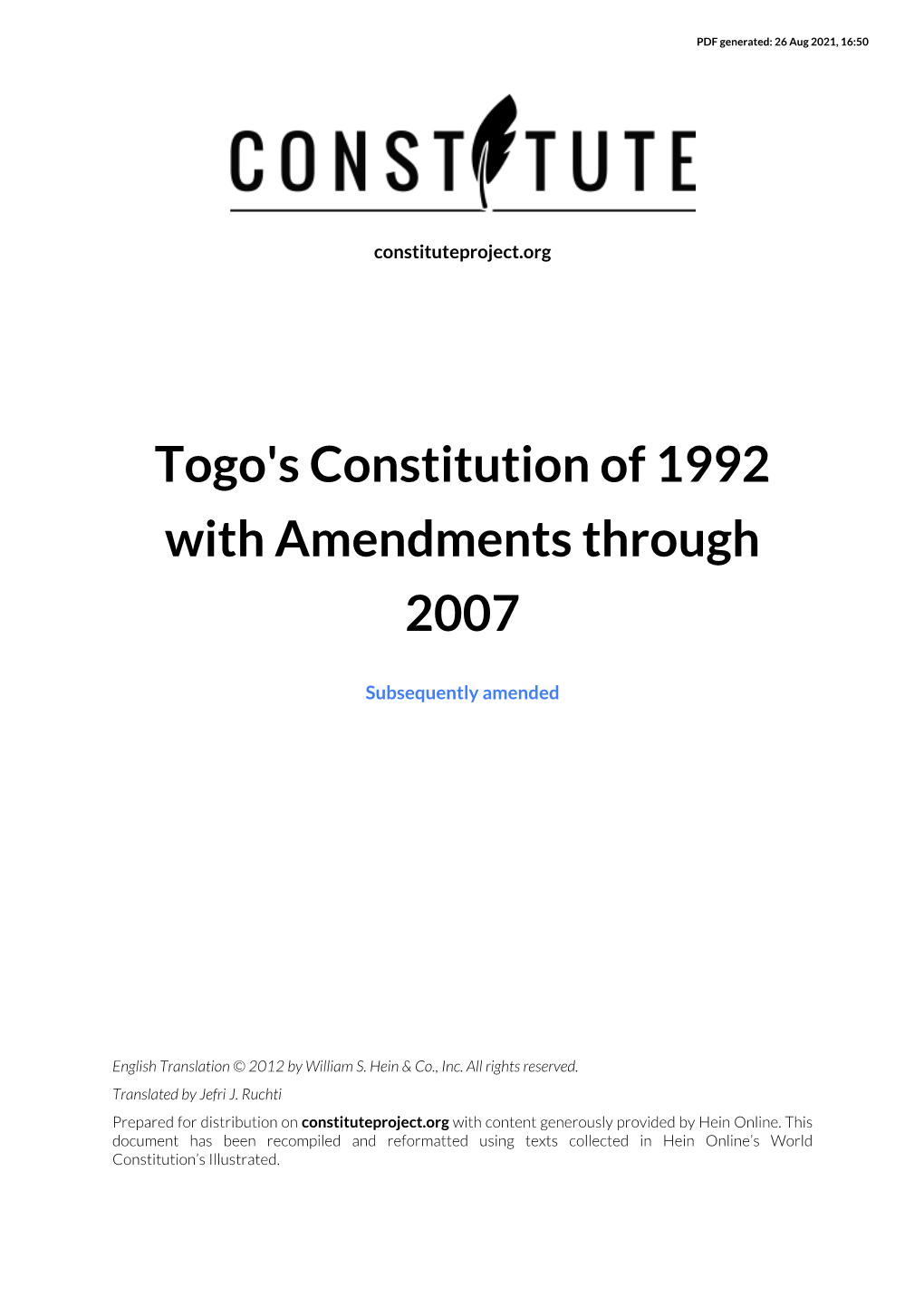 Togo's Constitution of 1992 with Amendments Through 2007