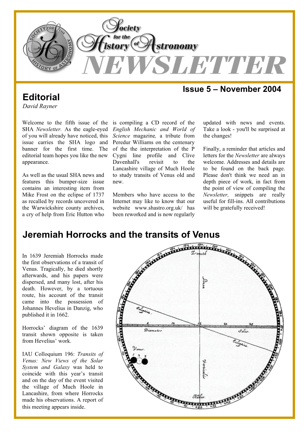 Jeremiah Horrocks and the Transits of Venus Editorial