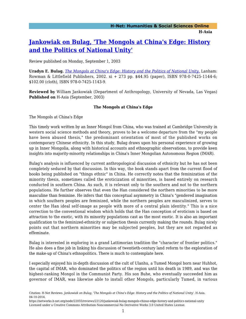 'The Mongols at China's Edge: History and the Politics of National Unity'