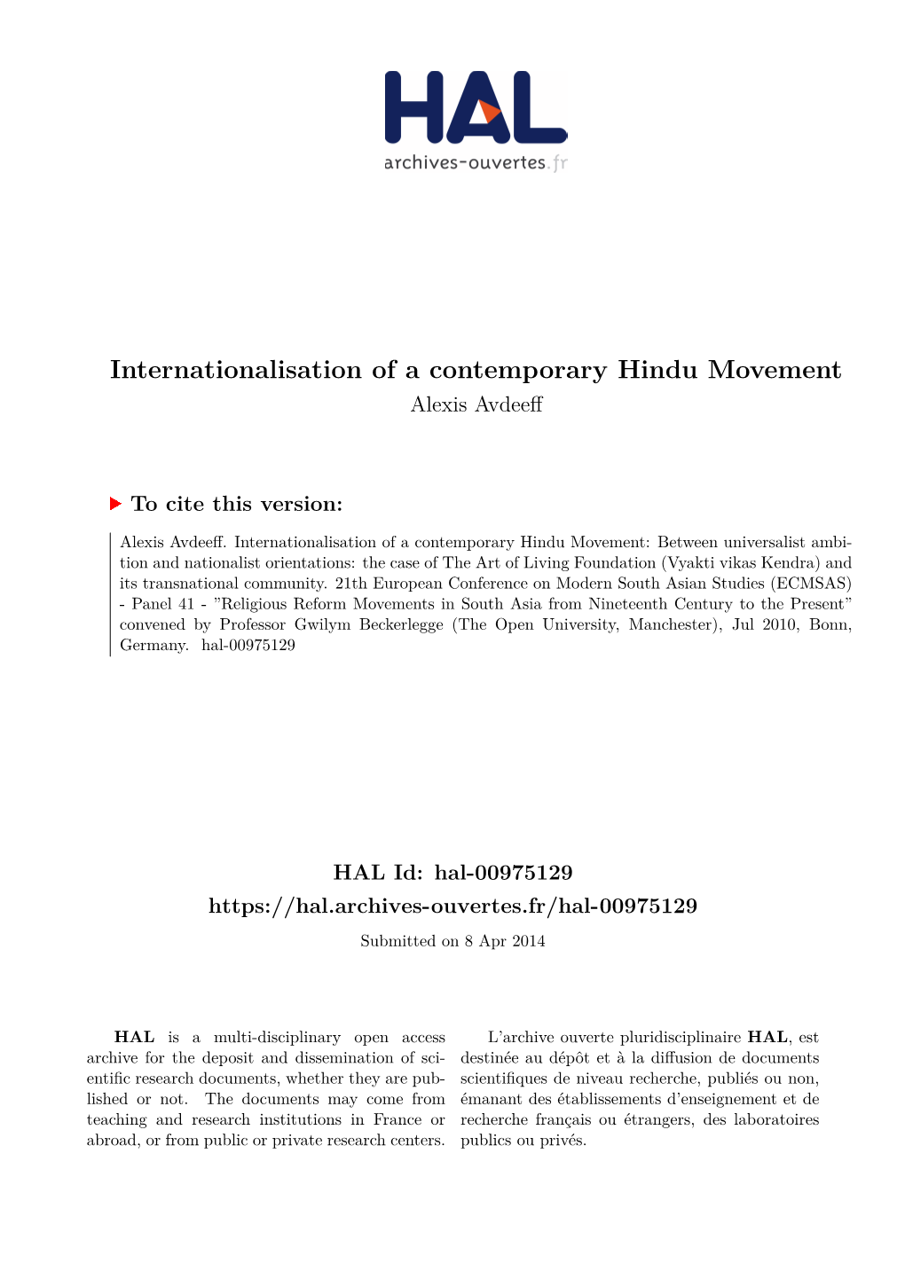 Internationalisation of a Contemporary Hindu Movement Alexis Avdeeff