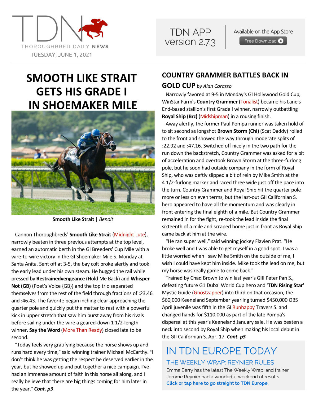 Smooth Like Strait Gets His Grade I in Shoemaker Mile