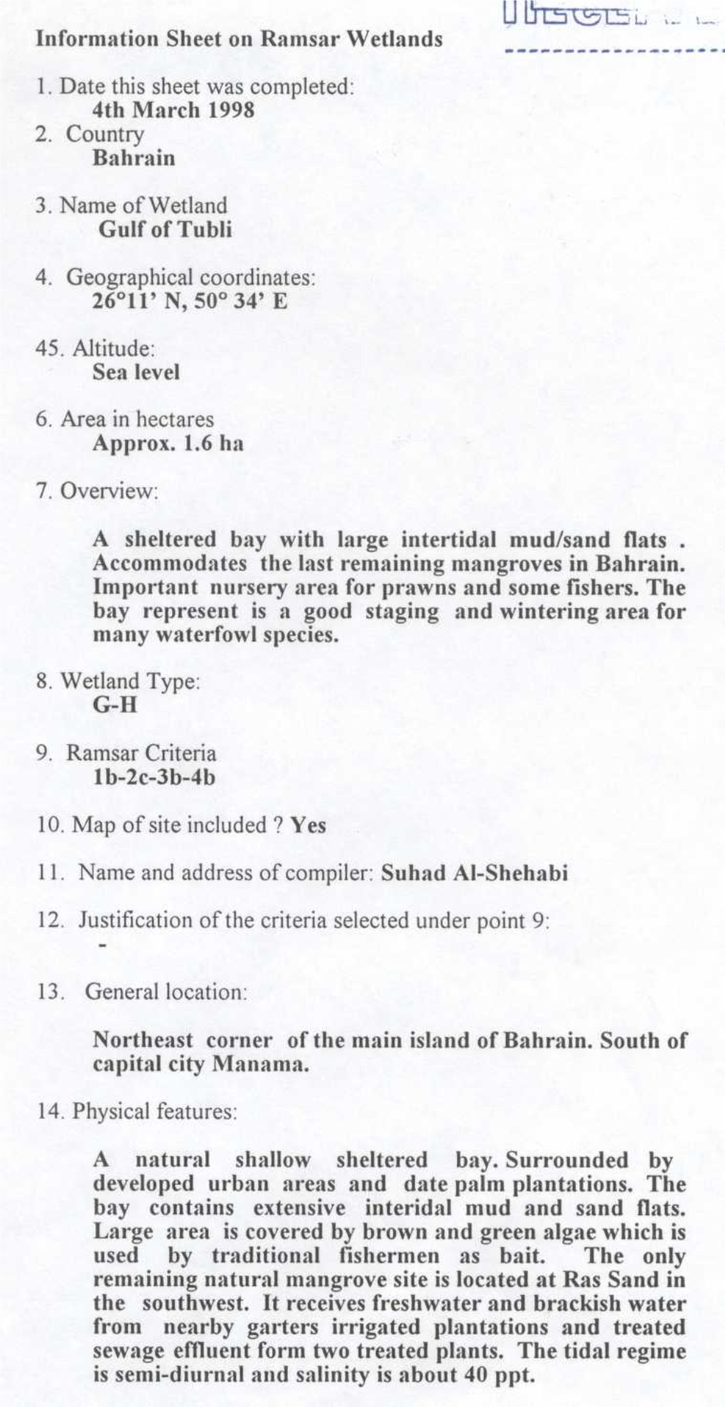 4Th March 1998 2. Country Bahrain 3. Name of Wetland