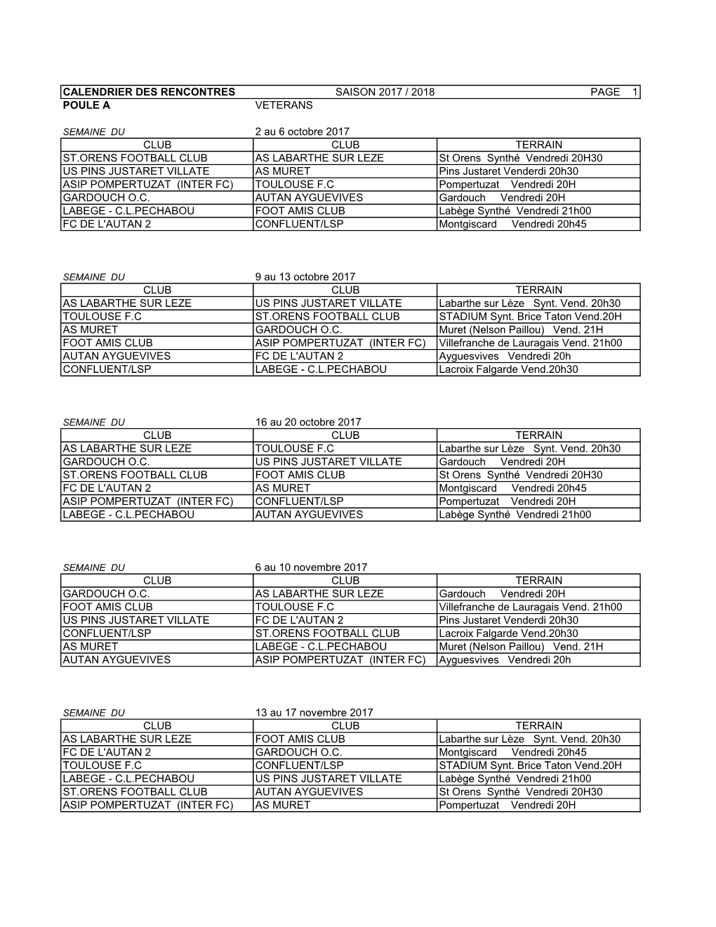 Calendrier Poule A