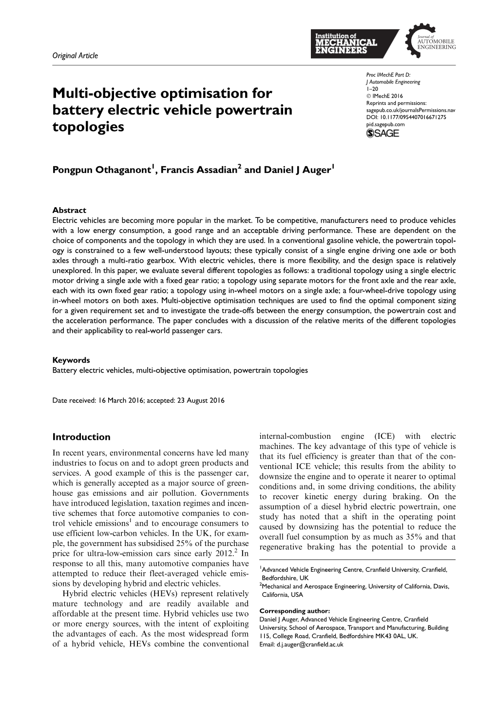 Multi-Objective Optimisation for Battery Electric Vehicle Powertrain Topologies