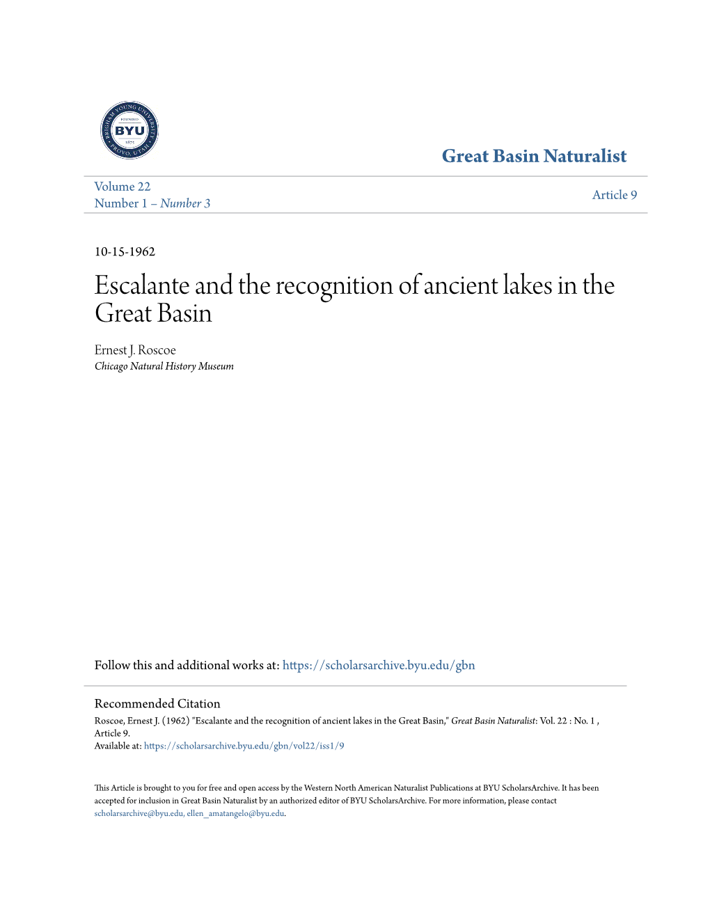 Escalante and the Recognition of Ancient Lakes in the Great Basin Ernest J