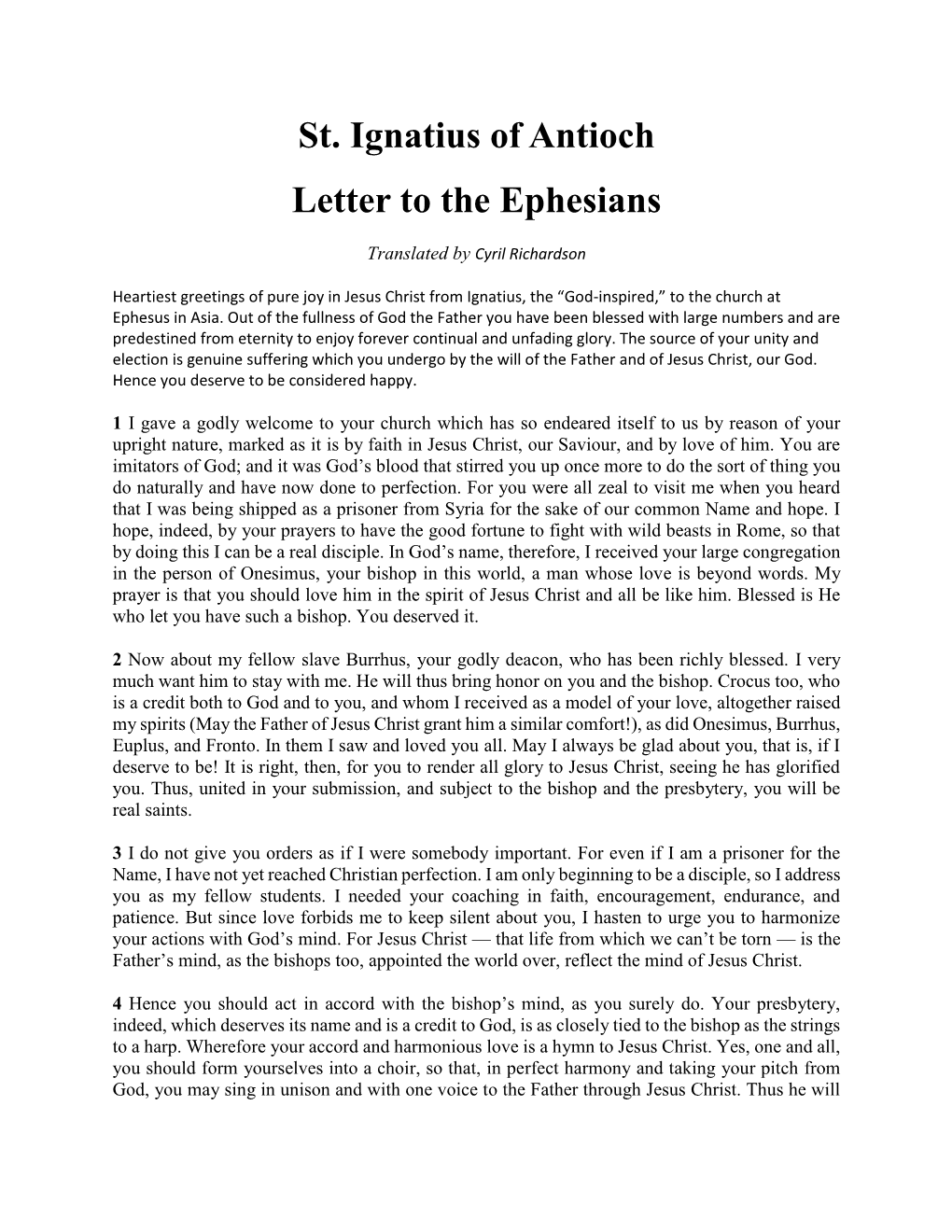 St. Ignatius of Antioch Letter to the Ephesians