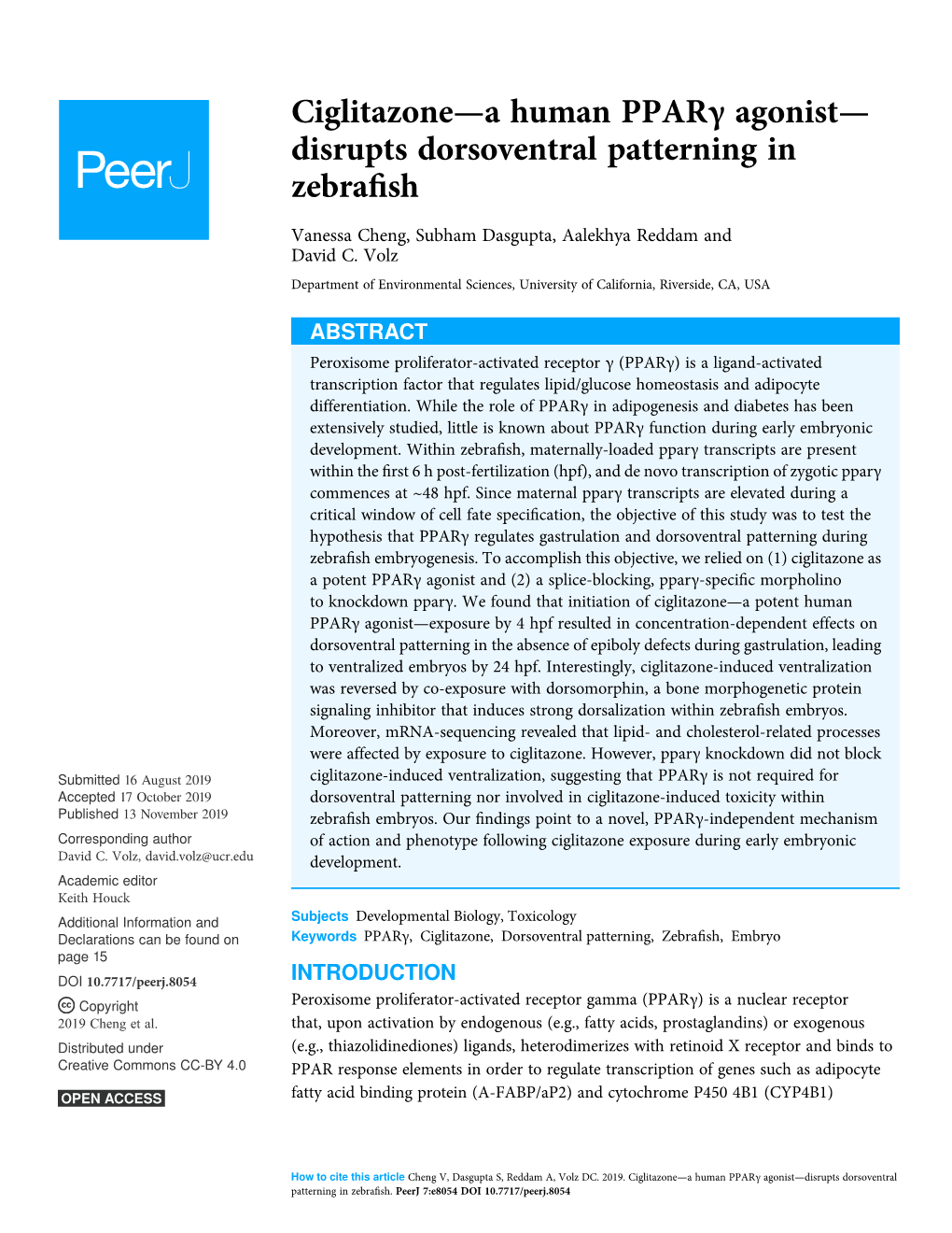 Ciglitazone—A Human Pparγ Agonist—Disrupts Dorsoventral Patterning in Zebraﬁsh